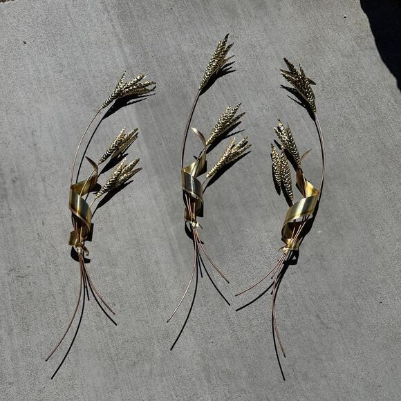 vintage home interior Mid-Century Modern metal wheat stalk wall art brass copper - Picture 4 of 13